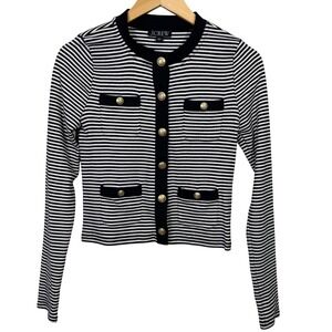 J Crew Womens Cardigan Small Black White Striped Gold Button‎ Front Sweater Top